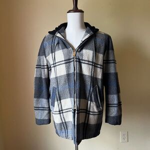 Vintage 60s Niagara Wool Plaid Sherpa Hoodie Jacket Blue‎ Gray Talon Zip XL